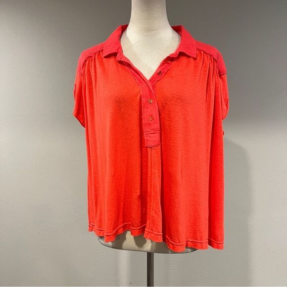 Free People Low Down popover Swing oversized Top Henley Orange size small - Picture 2 of 10